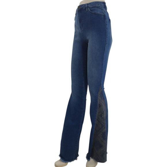 Altar'd State Retro Blue Denim High-Rise Contrast Panel Flare Bell Bottoms Sz 24 - Picture 5 of 8